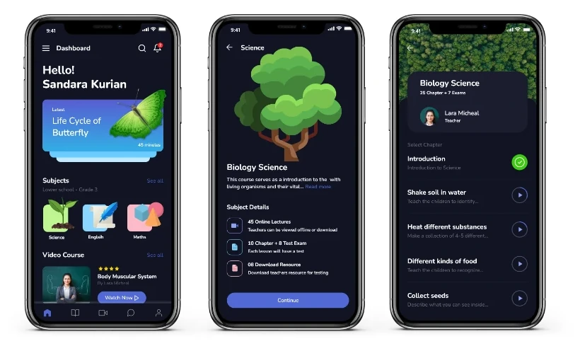 Learno app screens: dashboard, science course and biology chapter